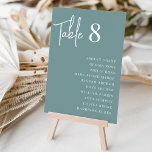 Moderne handgeschriebene und klassische Serif-Gäst Tischnummer<br><div class="desc">Einfache und schicke Tischnummer-Karten in staubigen aquamarinen und weißen Farbtönen geben bei Ihrer Hochzeit oder Veranstaltung eine elegante Note. Design-Features "Tabelle [Zahl]" in handgeschriebenen Schriftzeichen,  mit einzelnen Gastnamen unten in zeitloser Serifentypografie. Design wiederholt sich auf beiden Seiten.</div>