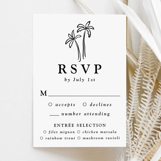Moderne, handGezeichnet, schwarze Palmen Hochzeite RSVP Karte (Von Creator hochgeladen)
