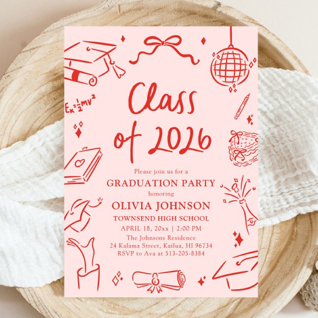 Moderne handgezeichnete Abschlussfeier der Klasse  Einladung (Modern Hand Drawn Class of 2026 Graduation Party Invitation)