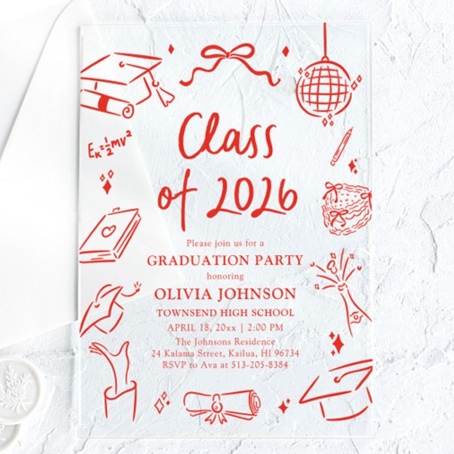 Moderne handgezeichnete Abschlussfeier Klasse 2026 Acryleinladungen (Modern Hand Drawn Class of 2026 Graduation Party Acrylic Invitations)