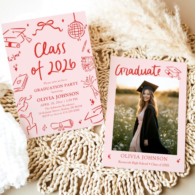 Moderne handgezeichnete Abschlussfeier Klasse 2026 Einladung (Modern Hand Drawn Class of 2026 Graduation Party Invitation)
