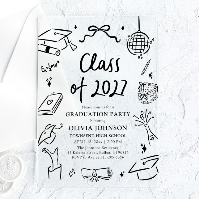 Moderne handgezeichnete Abschlussfeier Klasse 2027 Acryleinladungen (Modern Hand Drawn Class of 2027 Graduation Party Acrylic Invitations)