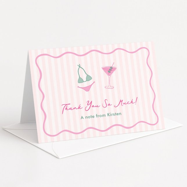 Moderne handgezeichnete Bikinis & Martinis Jungges Dankeskarte (Pink and green hand-drawn bikinis and martinis cocktails bachelorette party folding thank you cards)