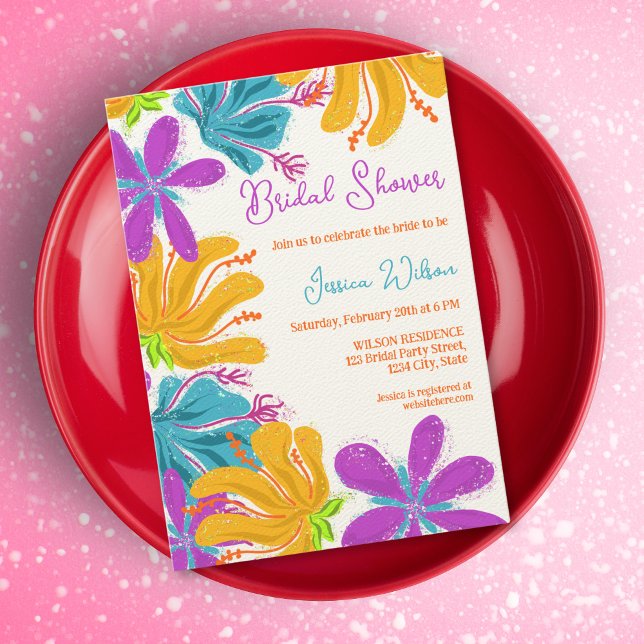 Moderne, handgezeichnete, farbenfrohe Blume Einladung (colorful whimsical wild flowers)