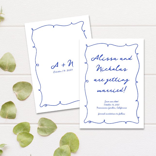 Moderne handgezeichnete, helle blaue Monogramm Hoc Save The Date (Von Creator hochgeladen)