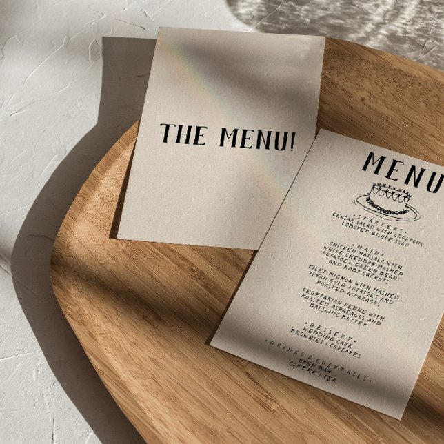 Moderne handgezeichnete Kuchen Retro Quirky Hochze Menükarte (Von Creator hochgeladen)