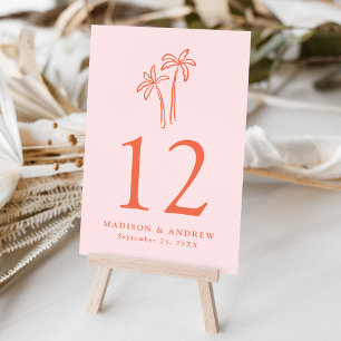 Moderne handgezeichnete Palmen Rosa Hochzeit Tischnummer