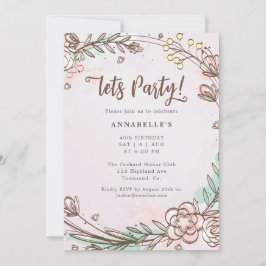 Moderne, handgezeichnete, patelrosa Blume Einladun