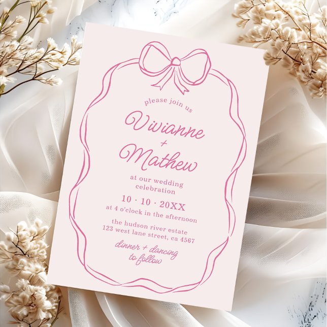 Moderne handgezeichnete rosa Bow-Hochzeit Einladung (Von Creator hochgeladen)