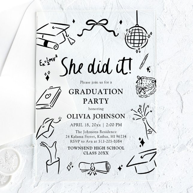 Moderne handgezeichnete Sie hat es geschafft Absch Acryleinladungen (Modern Hand Drawn She did it Graduation Party Acrylic Invitations)