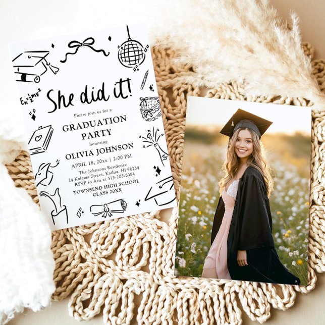 Moderne handgezeichnete Sie hat es geschafft Absch Einladung (Modern Hand Drawn She did it Graduation Party Invitation)