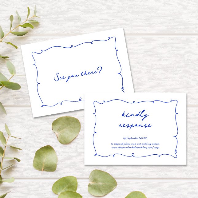 Moderne handgezeichnete Wavy Vibranding Blue Weddi RSVP Karte (Von Creator hochgeladen)