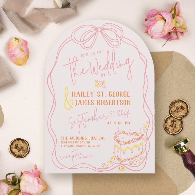 Moderne, handgezogene Bugrosa-Sonnenuntergang Hoch Einladung (Modern quirky whimsical hand drawn arch pink bow orange sunset colorful unique wedding invitation)