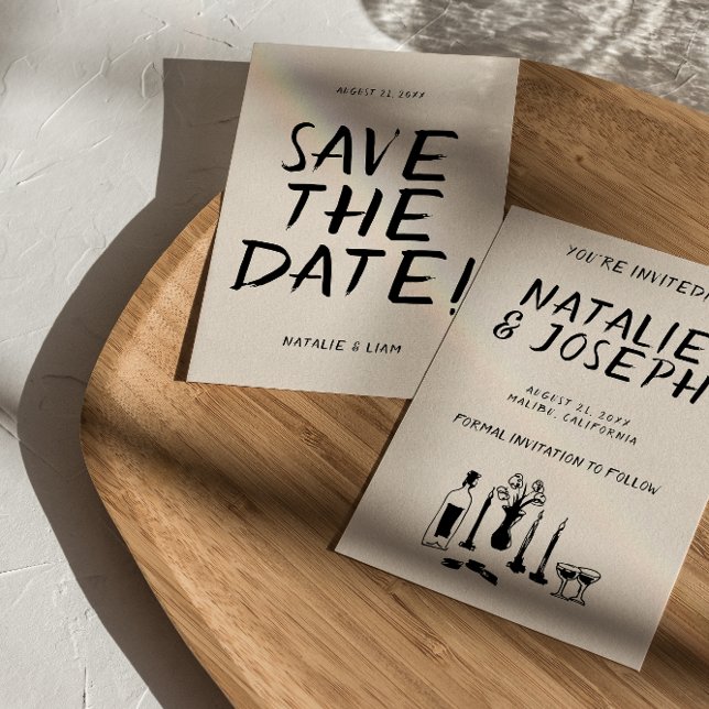 Moderne handgezogene Champagner Retro Quirky Weddi Save The Date (Von Creator hochgeladen)