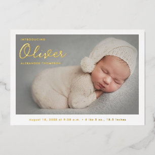 Moderne Handschrift Baby Boy Name Custom Foto Folien Feiertagskarte