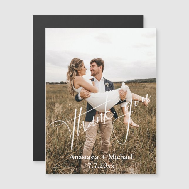 Moderne Handschrift danke Foto Hochzeitsmagnet Magnetkarte (Vorne/Hinten)