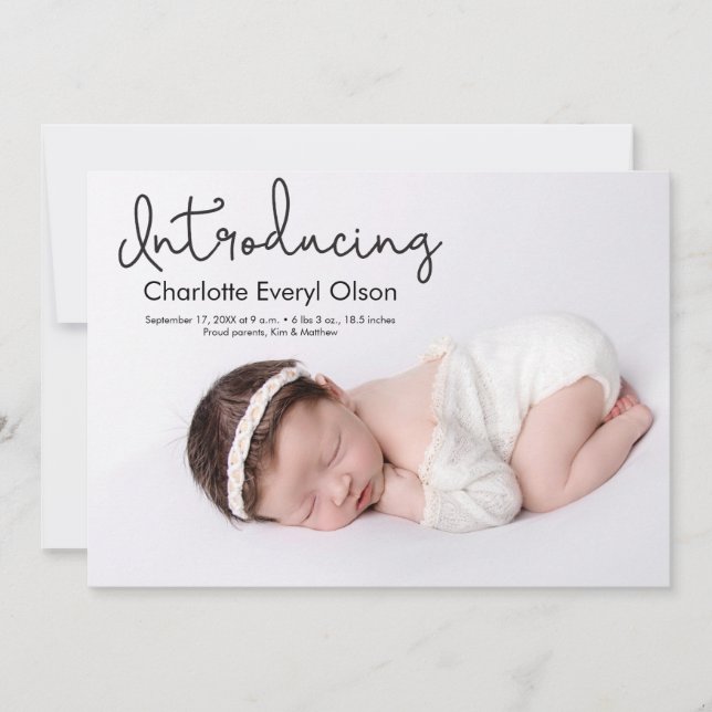 Moderne Handschrift Einführung in Foto Baby Girl Ankündigung (Vorderseite)