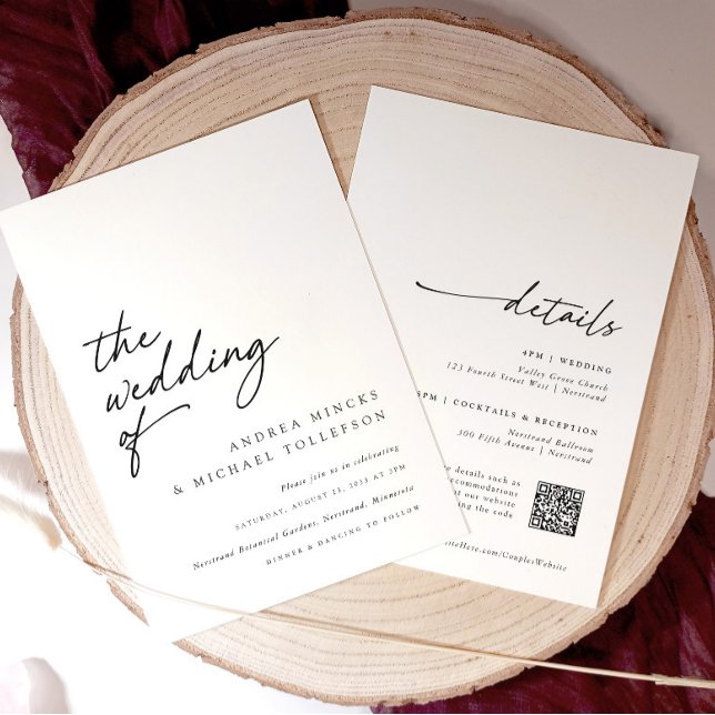 Moderne Handschrift Elegant in einer Hochzeit Einladung (A black-and-white wedding invitation with a modern, handwritten script on the front.)