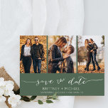 Moderne Handschrift Foto Collage Dark Sage Save The Date<br><div class="desc">Wählen Sie die besten Bilder aus Ihrem Verlobung-Shooting oder Ihre Lieblingsfotos von Ihnen beiden für dieses perfekte Save the Date. Save the Date sind die Wörter handgeschrieben, um der Karte ein persönliches Gefühl zu geben. Die Vorderseite hat 3 Bilder und die Rückseite hat ein großes Bild mit einem weißen Filter...</div>