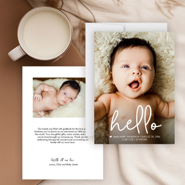 Moderne Handschrift Hallo Custom Baby Fotos Ankündigung (Hello modern script baby birth announcement minimalist photo thank you card.)