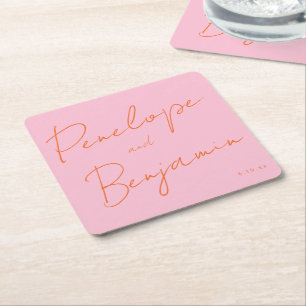Moderne Handschrift Pink und Orange Hochzeit Rechteckiger Pappuntersetzer
