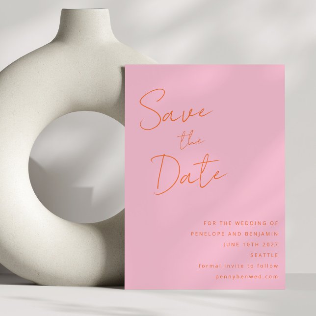Moderne Handschrift Rosa Orange Wedding Elegant Save The Date (Von Creator hochgeladen)