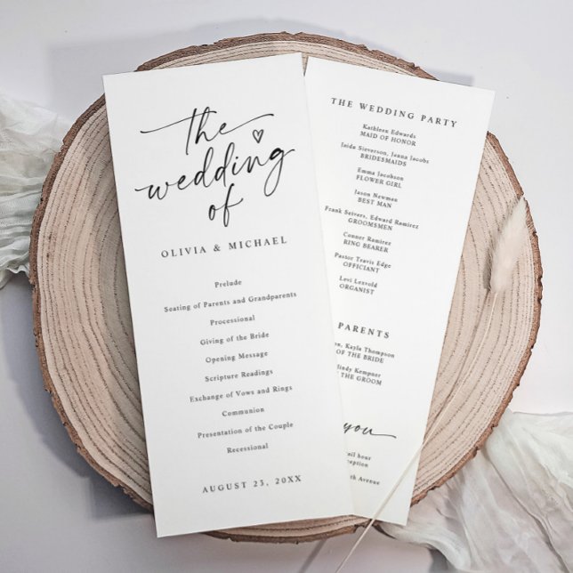 Moderne handschriftliche schwarze und weiße Hochze Programm (Modern black and white wedding program with elegant script, heart, and ceremony details.)