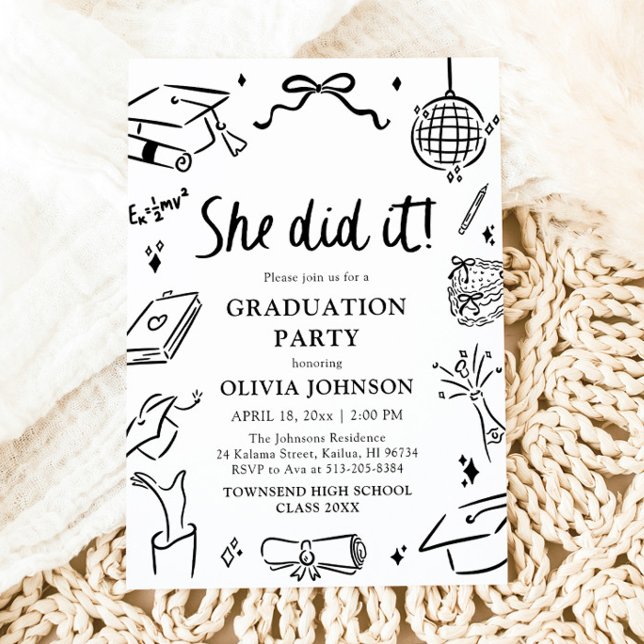 Moderne Handzeichnung Sie hat es geschafft Abschlu Einladung (Modern Hand Drawn She did it Graduation Party Invitation)
