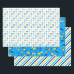 Moderne Hanukka Geschenkpapier Set<br><div class="desc">Diese modernen Hanukkah-Papiere mit drei Streifen,  Streifen und Stern von Davids werden Ihre Pakete phänomenal aussehen lassen!  Sie sind farbenfroh und trendig,  aber traditionell.</div>