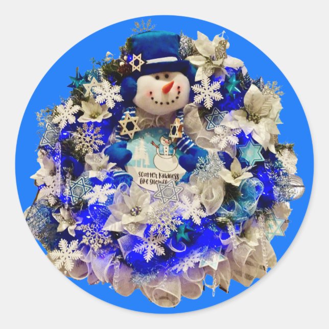 Moderne Hanukkah Star von David Snowman Wreath Runder Aufkleber (Vorderseite)