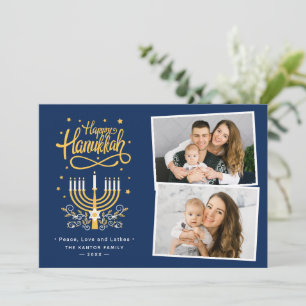 Moderne Happy Hanukkah Peace Liebe Latkes 2 Foto Feiertagskarte