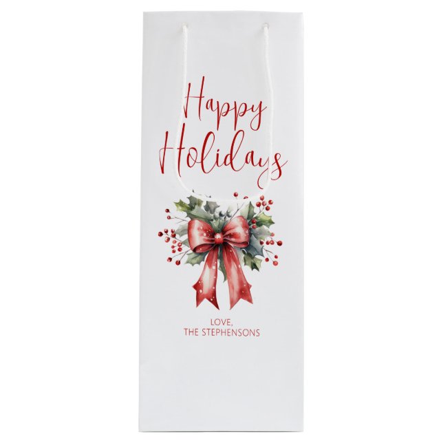 Moderne Happy Holidays Script Holly Bow Name Geschenktüte Für Weinflaschen (Vorderseite)