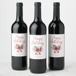 Moderne Happy Holidays Script Holly Bow Name Weinetikett