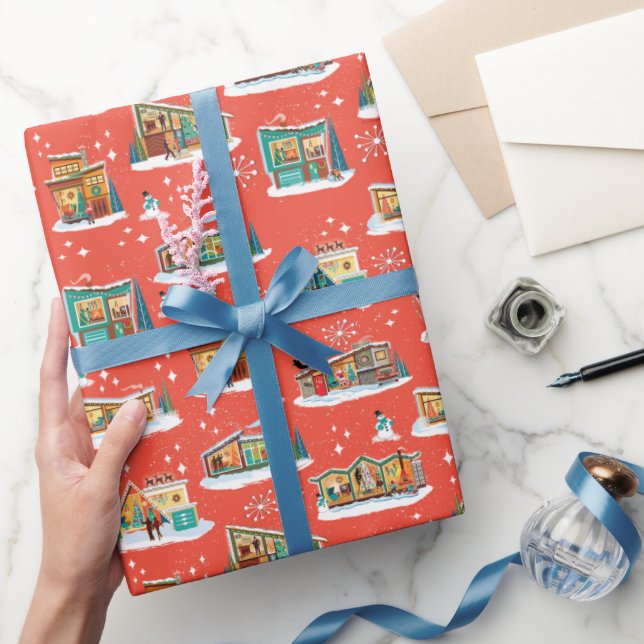 Moderne Häuser des Mittelalters Weihnachten Orange Geschenkpapier (Schenken)