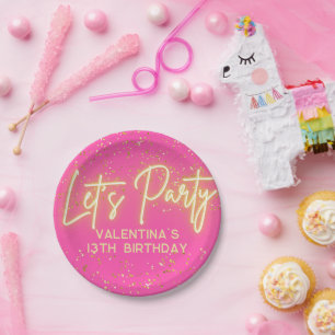 Moderne, heiß rosa Neonglühen Lasst uns Party Gebu Pappteller