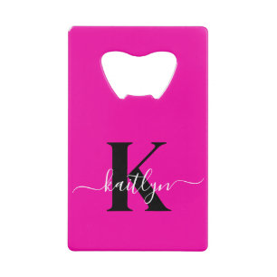 Moderne Heißrosa Schwarze Schrift Monogramm Geldbeutel Flaschenöffner