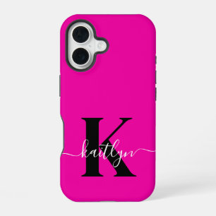 Moderne Heißrosa Schwarze Schrift Monogramm iPhone 16 Hülle