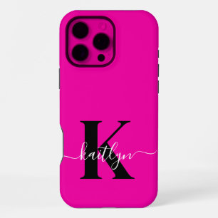 Moderne Heißrosa Schwarze Schrift Monogramm iPhone 16 Pro Max Hülle