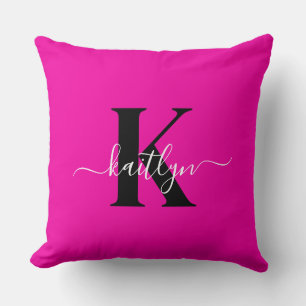 Moderne Heißrosa Schwarze Schrift Monogramm Kissen