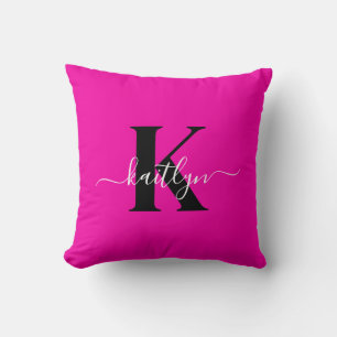 Moderne Heißrosa Schwarze Schrift Monogramm Kissen