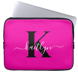 Moderne Heißrosa Schwarze Schrift Monogramm Laptopschutzhülle