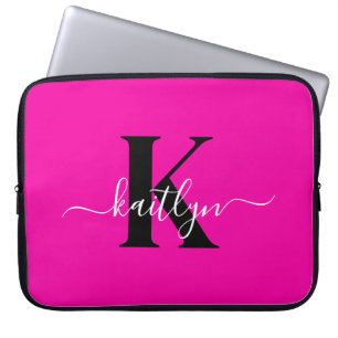 Moderne Heißrosa Schwarze Schrift Monogramm Laptopschutzhülle