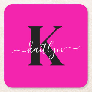 Moderne Heißrosa Schwarze Schrift Monogramm Rechteckiger Pappuntersetzer