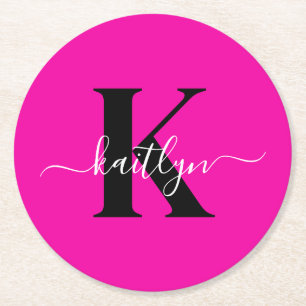 Moderne Heißrosa Schwarze Schrift Monogramm Runder Pappuntersetzer