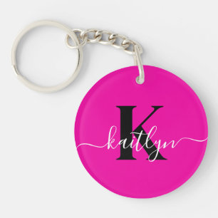 Moderne Heißrosa Schwarze Schrift Monogramm Schlüsselanhänger