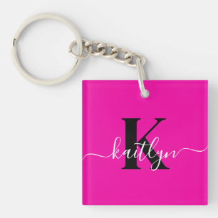 Moderne Heißrosa Schwarze Schrift Monogramm Schlüsselanhänger