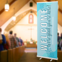 Moderne hellblaue Blätter Kirche Willkommen Glad