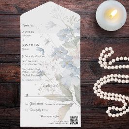 Moderne, hellblaue Wildblumen mit weißem QR-Code All In One Einladung