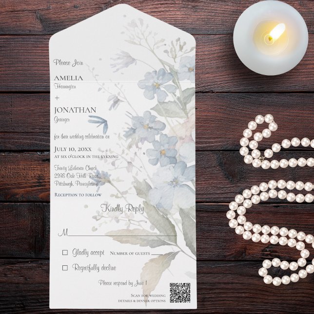 Moderne, hellblaue Wildblumen mit weißem QR-Code All In One Einladung (Von Creator hochgeladen)