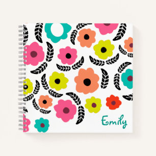 Moderne, helle Blume und Personalisiertes schwarze Notizbuch